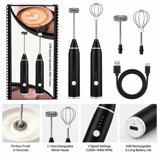 USB Rechargeable Speed-Adjustable Milk Frother & Coffee Whisk.